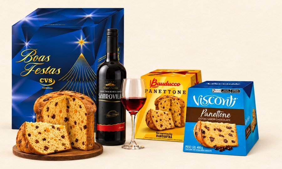 Cesta econômica com caixa de Natal, panetones e vinho