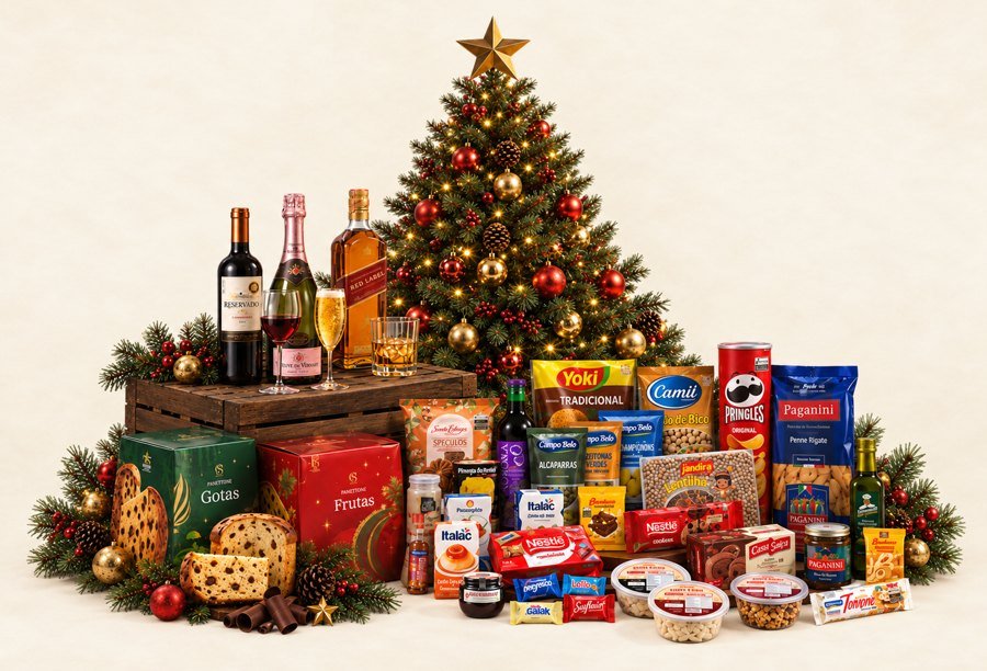 Cesta especial com árvore de Natal, vinhos, espumante, whisky, panetones e diversos produtos