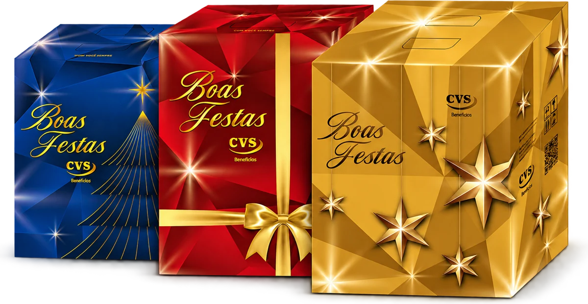 Caixas de Natal CVS Benefícios nas cores azul, vermelha e dourada