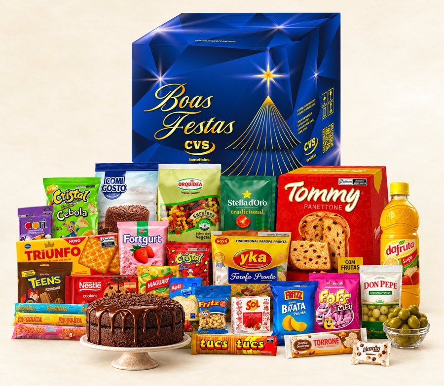 Cesta sem álcool com caixa de Natal, panetone, suco e diversos produtos