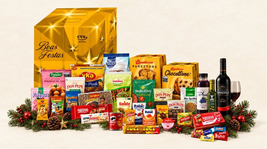 Cesta completa com caixa dourada de Natal, panetones, vinho e diversos produtos