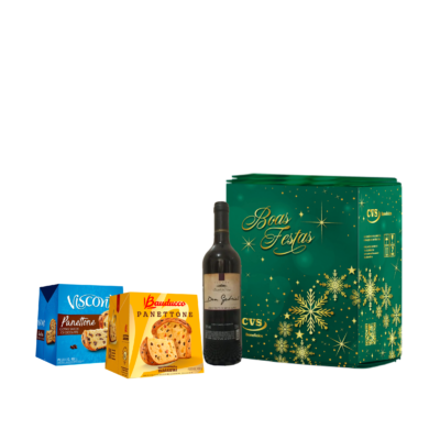Cesta de Natal Kit Bebida + Panetone em caixa de papelão kraft decorada Com 06 itens, incluindo Panetone com frutas, Panetone gotas com sabor chocolate e muito mais produtos deliciosos. Uma seleção perfeita para celebrar as festas com muito sabor e alegria!