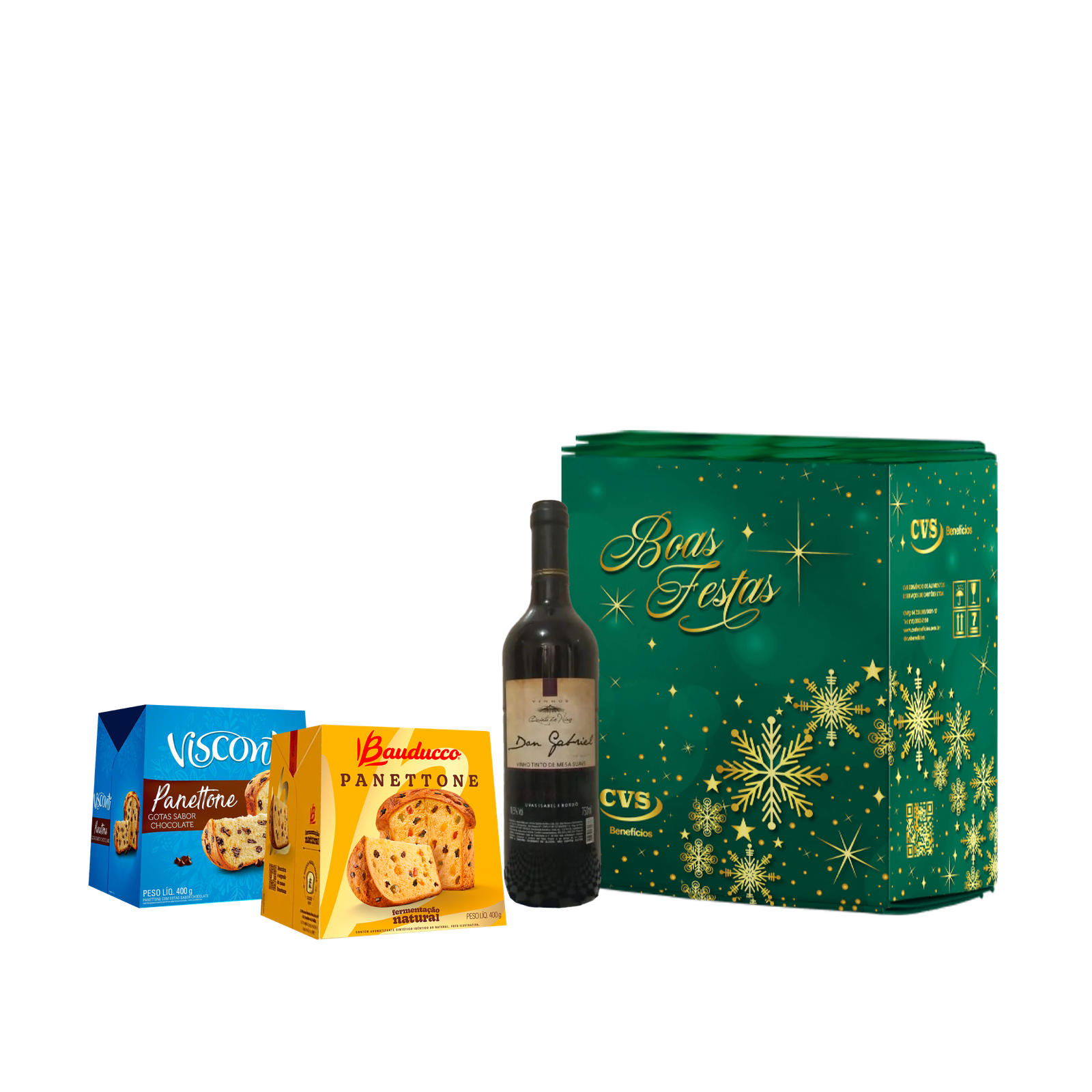 Cesta de Natal Kit Bebida + Panetone em caixa de papelão kraft decorada Com 06 itens, incluindo Panetone com frutas, Panetone gotas com sabor chocolate e muito mais produtos deliciosos. Uma seleção perfeita para celebrar as festas com muito sabor e alegria!