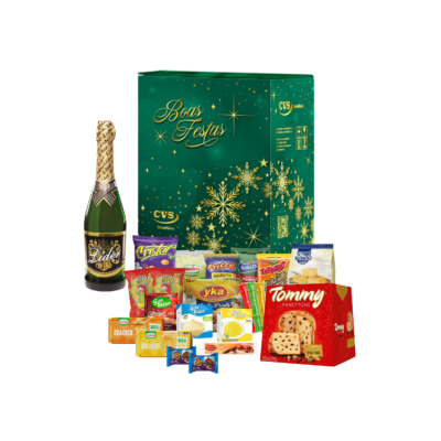Cesta de Natal Cristal em caixa de papelão kraft decorada com 21 itens, incluindo panetone, goiabada e mais