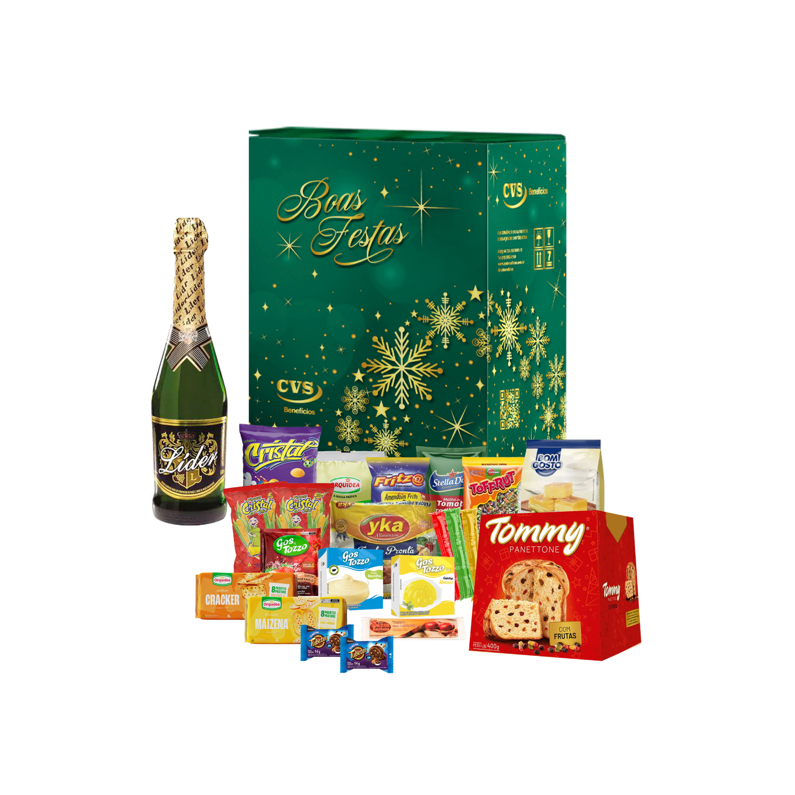 Cesta de Natal Cristal em caixa de papelão kraft decorada com 21 itens, incluindo panetone, goiabada e mais