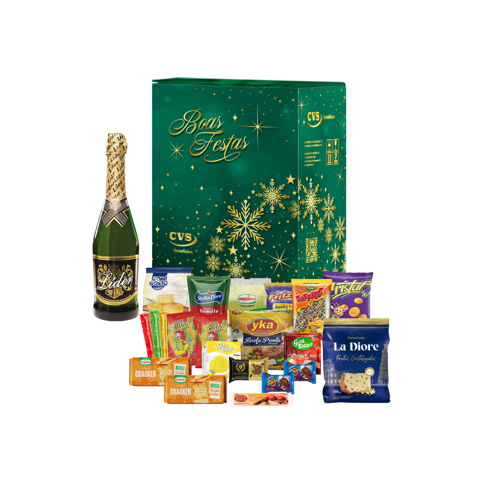 Cesta de Natal Hematita, caixa de papelão decorada kraft. Ela está repleta de produtos alimentícios como panetone, espumante, amendoim, balas, biscoitos, bombons, farofa, macarrão, molho de tomate e outros itens para ceia.