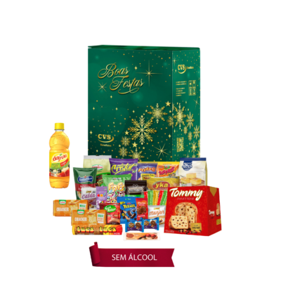 Cesta de Natal Ônix sem álcool Embalada em uma caixa de papelão kraft decorada com 33 unidades, incluindo Panetone com frutas, Concentrado para refresco de frutas e mais outros produtos Uma seleção perfeita para celebrar as festas com muito sabor e alegria!