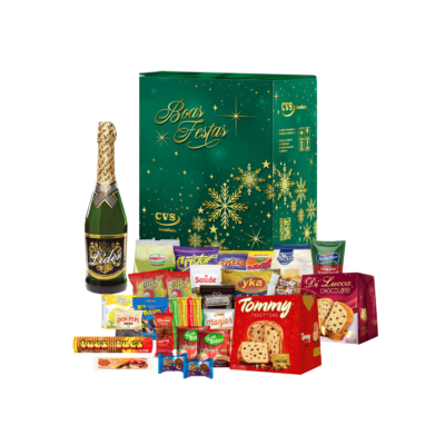 Cesta de Natal Ametista Em caixa de papelão kraft decorada com 24 itens e 31 unidades, incluindo Panetone com frutas 400g, Panetone gotas com sabor chocolate 400g. e mais outros produtos deliciosos. Uma seleção perfeita para celebrar as festas com muito sabor e alegria!