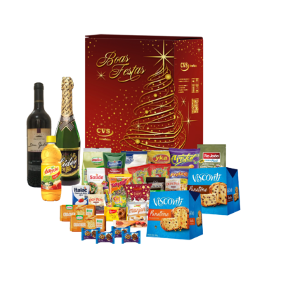 Cesta de Natal Rubi em caixa de papelão kraft decorada Com diversos itens, Incluindo Panetone com frutas 400gramas, Panetone com gotas de chocolate 400 gramas E outros produtos saborosos