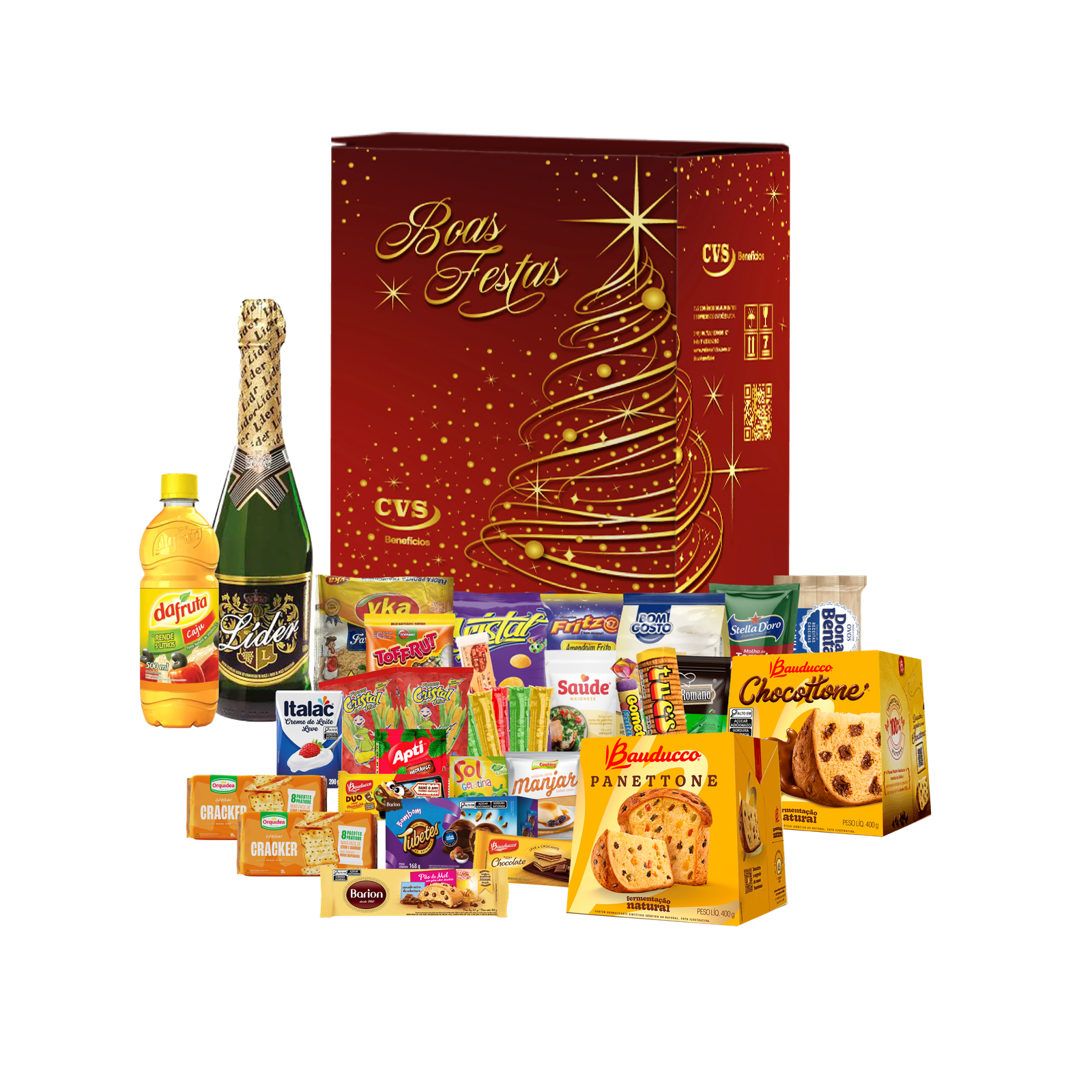 A Cesta de Natal Ágata contém 34 itens e 40 unidades, incluindo: Espumante Branco, Suco para Refresco, Panetone Bauducco de Frutas (400g) e Panetone Bauducco de Gotas de Chocolate (400g). Uma seleção perfeita para celebrar as festas com muito sabor e alegria!