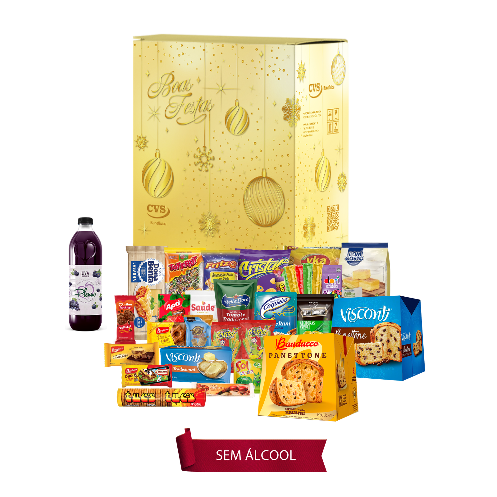 Cesta de Natal Turquesa sem álcool com vários itens, Incluindo Panetone frutas 400g Bauducco, Panetone com gotas sabor chocolate 400g Bauducco Espumante branco, Lentilha e outros produtos deliciosos