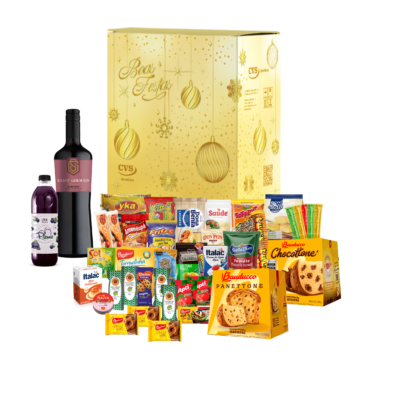 Cesta de Natal Esmeralda em caixa de papelão kraft decorada com 38 itens, incluindo panetones fruta e gotas de chocolate 400 gramas cada, vinho tinto, suco de uva e outro produtos
