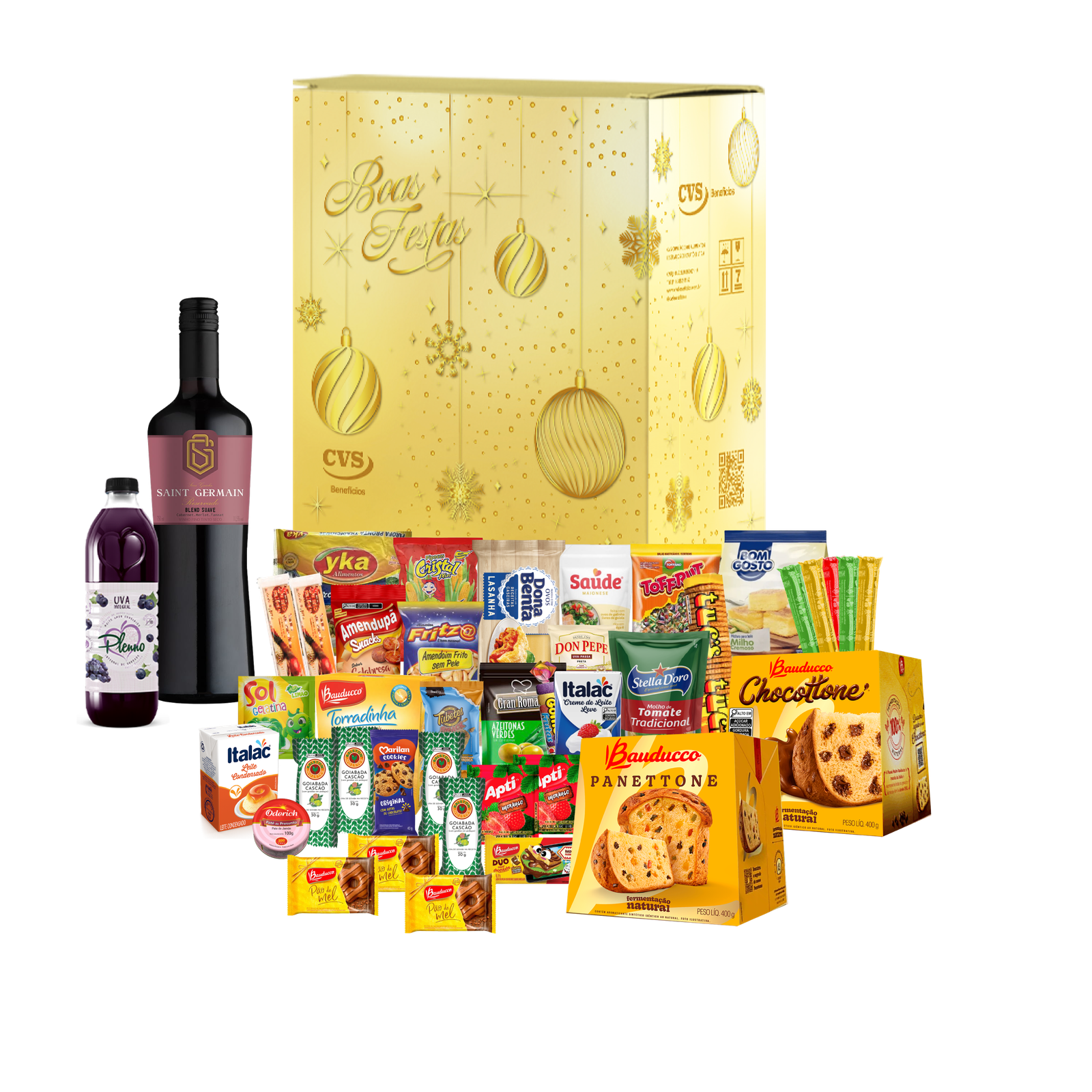 Cesta de Natal Esmeralda em caixa de papelão kraft decorada com 38 itens, incluindo panetones fruta e gotas de chocolate 400 gramas cada, vinho tinto, suco de uva e outro produtos