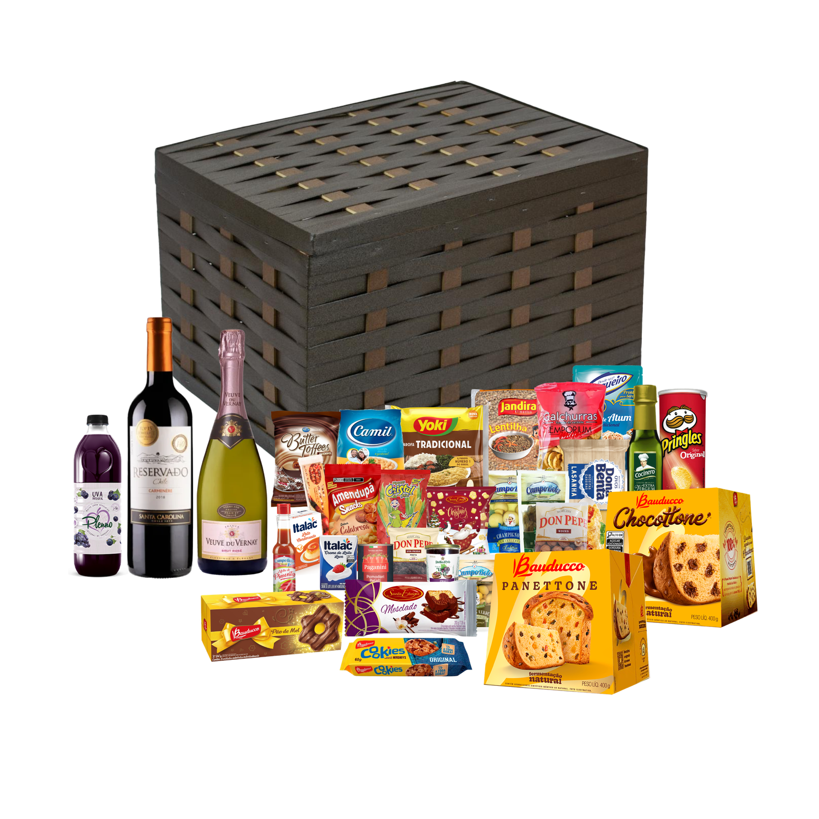 A Cesta de Natal Safira Embalada em uma elegante cesta de vime, Esta cesta inclui dois panetones Bauducco (um de frutas e outro de gotas de chocolate), Azeitonas em conserva, Vinho Chileno, Espumante francês e muito mais outros produtos deliciosos. Uma seleção perfeita para celebrar as festas com muito sabor e alegria!