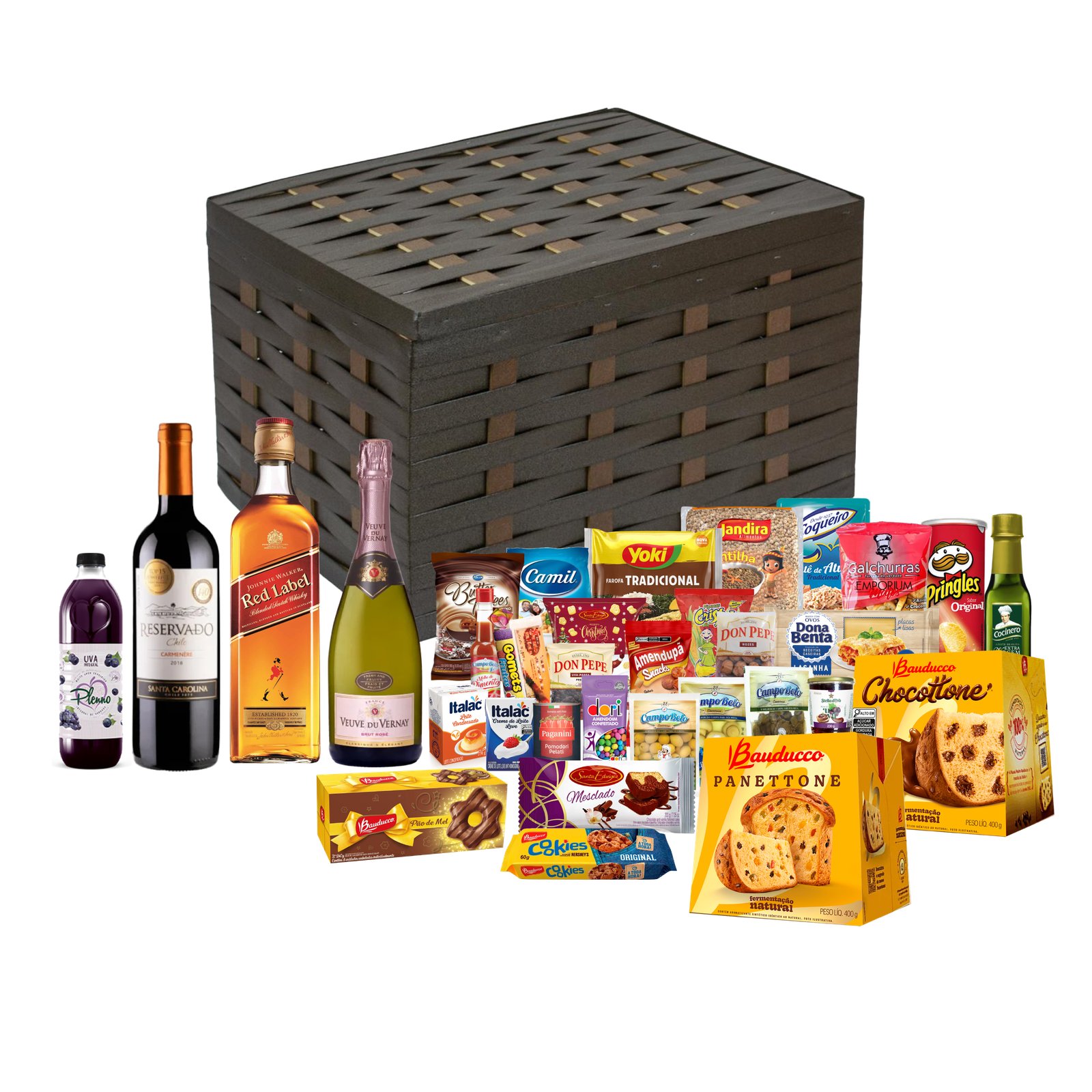 A Cesta de Natal Pérola Embalada em uma elegante cesta de vime. Esta cesta inclui dois Panetones Bauducco (um de frutas e outro de gotas de chocolate), Whisky Red Label, Suco de frutas, Vinho tinto chileno Cabernet, Espumante francês brut e muito mais produtos deliciosos. Uma seleção perfeita para celebrar as festas com muito sabor e alegria!