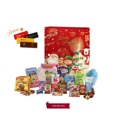 Cesta de Natal Criança Feliz Cesta de Natal Kit Criança Feliz em caixa de papelão kraft com tema infantil, contendo mini chocotone M&M, suco de frutas, pipoca doce, balas sortidas, biscoitos recheados e pirulitos.