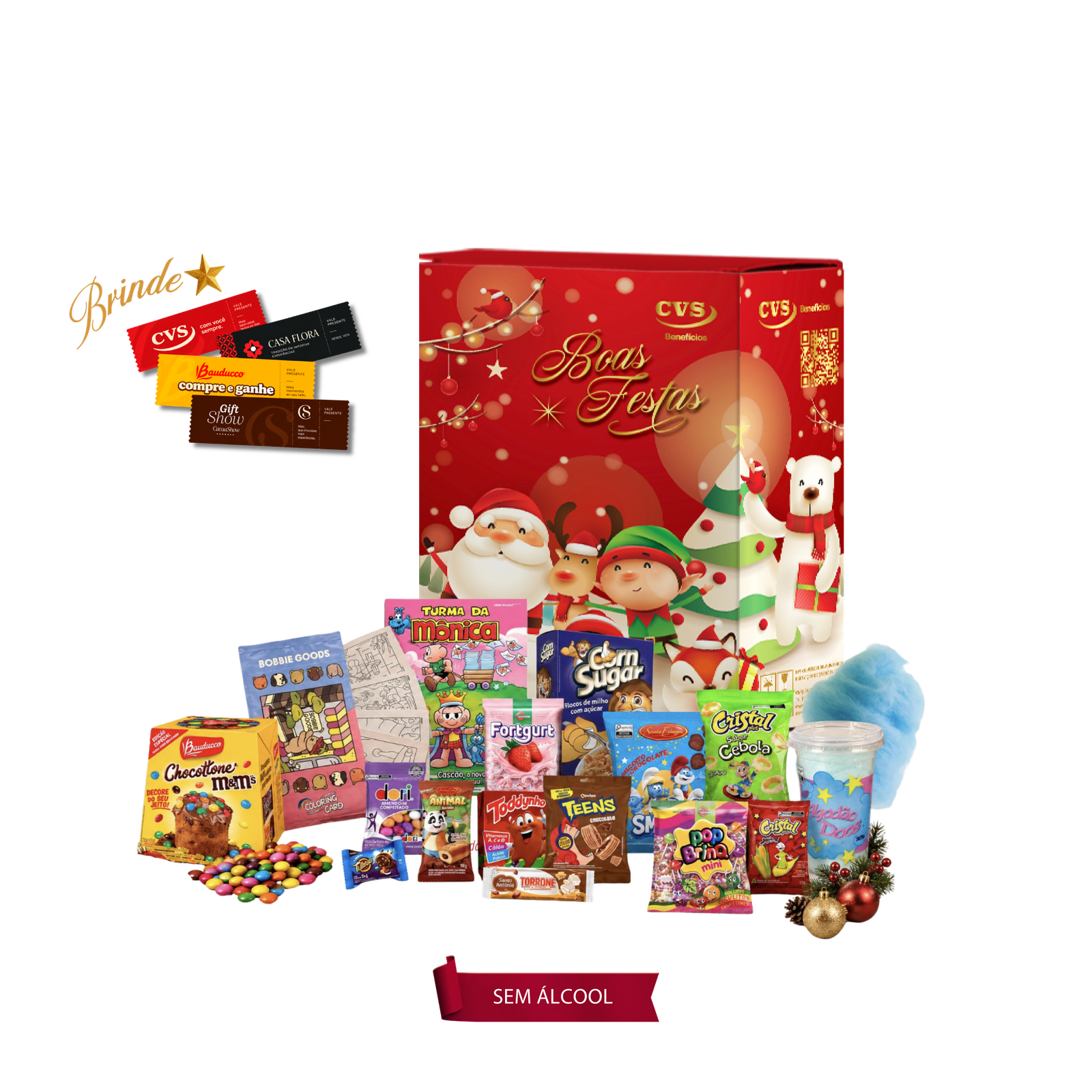 Cesta de Natal Kit Criança Feliz! Vem com mini chocotone, suco, pipoca doce e pirulitos para os pequenos.
