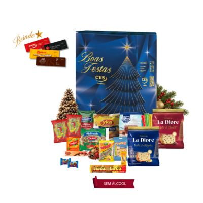 Cesta de Natal Hematita Cesta de Natal Hematita em caixa de papelão kraft decorada, com panetone, espumante, amendoim, balas, biscoitos, bombons, farofa, macarrão e molho de tomate.