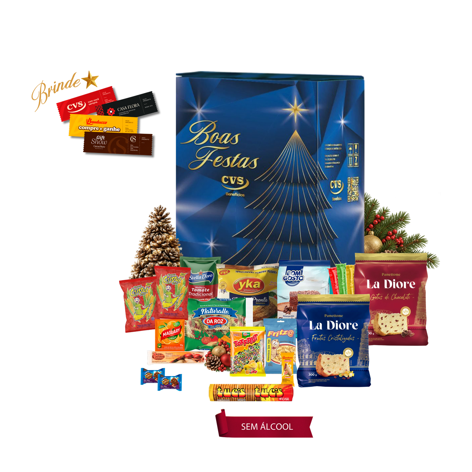 Cesta de Natal Hematita! Completa com panetone, espumante e diversos itens para sua ceia de Natal.