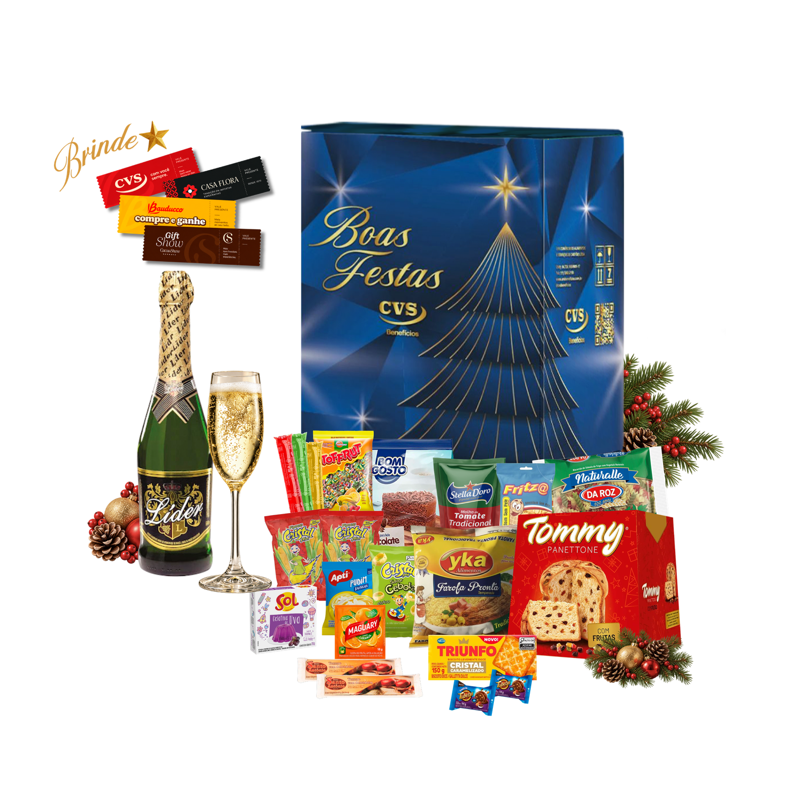 Celebre com a Cesta de Natal Cristal! São 25 itens deliciosos, incluindo panetone e goiabada.