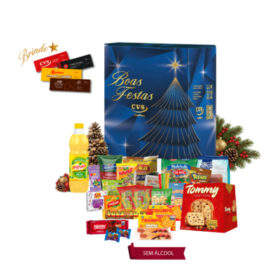 Cesta de Natal Ônix Cesta de Natal Ônix sem álcool em caixa de papelão kraft decorada com 31 unidades, incluindo panetone com frutas e concentrado para refresco de frutas.