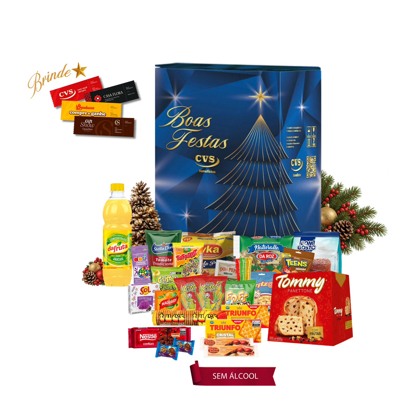 Cesta de Natal Ônix sem álcool! Uma ceia completa e saudável com 31 unidades, incluindo panetone e refresco.