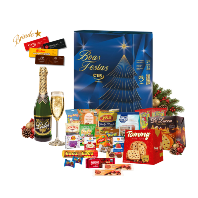 Cesta de Natal Ametista Cesta de Natal Ametista em caixa de papelão kraft decorada com 28 unidades, incluindo panetone com frutas 400g e panetone com gotas de chocolate 400g.