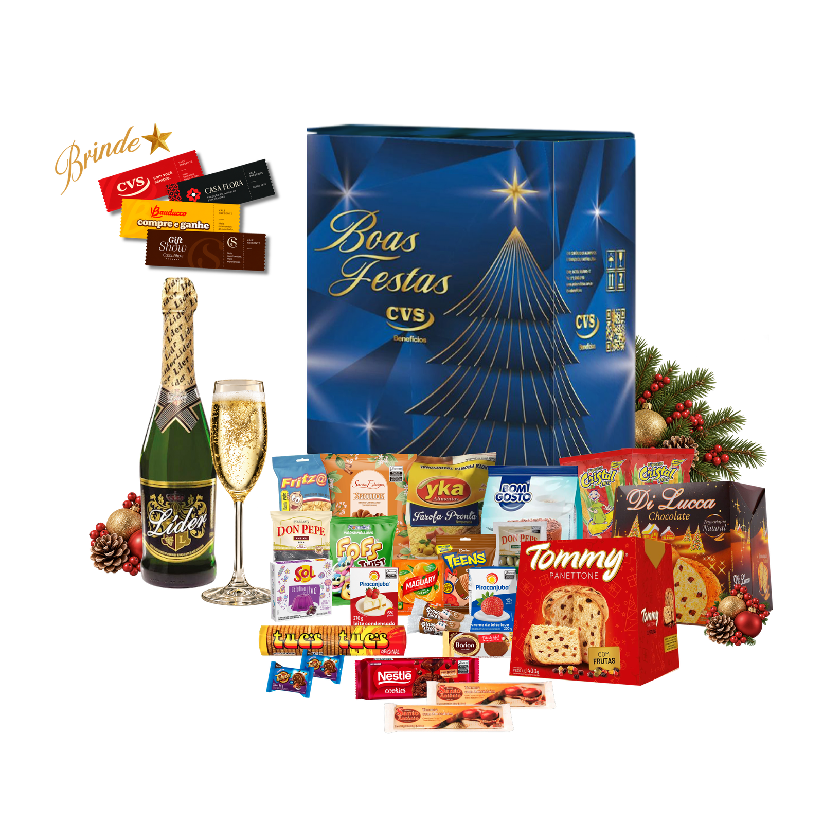 Cesta de Natal Ametista com 28 unidades e 2 panetones de 400g. Qualidade e variedade para a sua ceia em família.