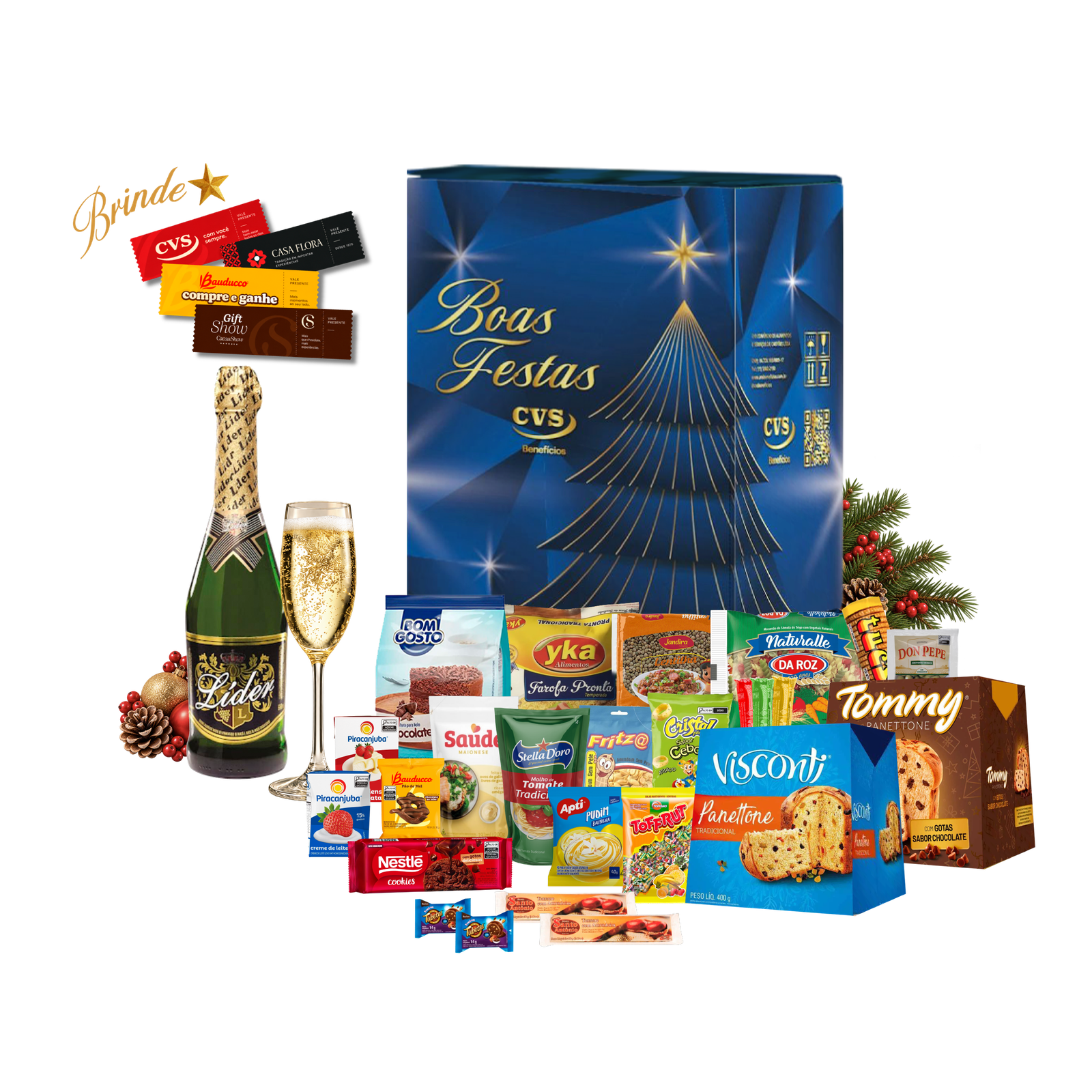Cesta de Natal Coral! Traz 30 unidades, incluindo panetone tradicional e de chocolate. A escolha certa para uma ceia inesquecível.