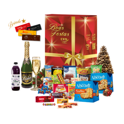 Cesta de Natal Opala Cesta de Natal Opala com panetone com frutas, panetone com gotas de chocolate, espumante branco, refresco de frutas e outros produtos.