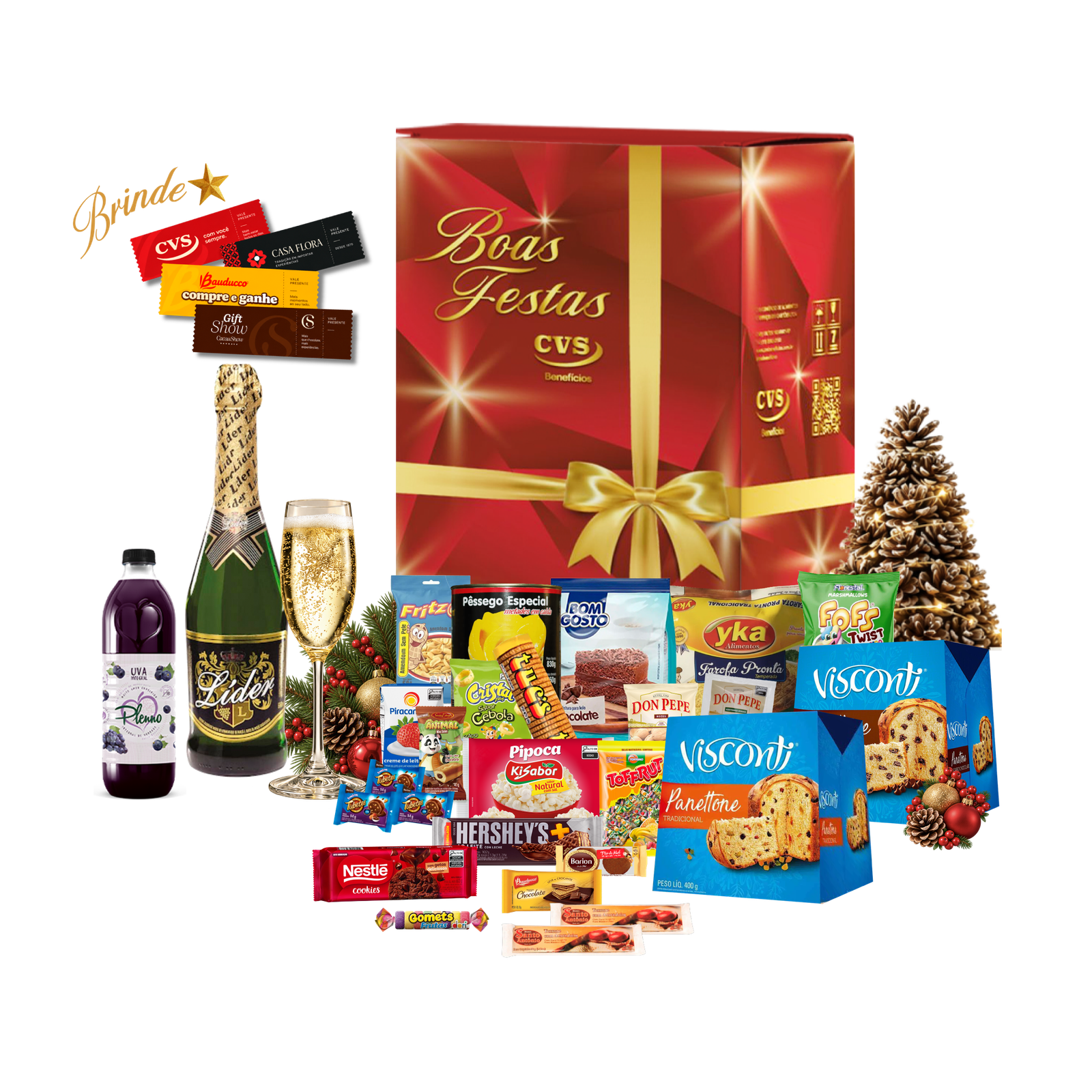 Cesta de Natal Opala. Uma ceia completa e deliciosa com panetones, espumante e refresco de frutas.
