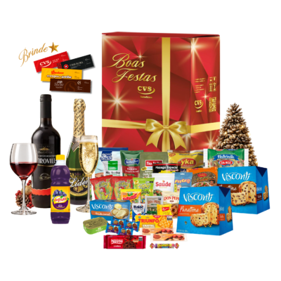 Cesta de Natal Rubi Cesta de Natal Rubi em caixa de papelão kraft decorada, com panetone com frutas 400g, panetone com gotas de chocolate 400g e outros produtos saborosos.