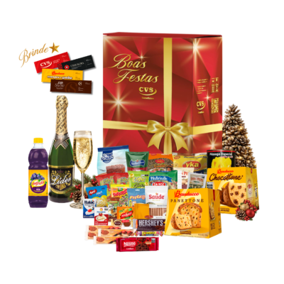 Cesta de Natal Ágata Cesta de Natal Ágata com 35 itens, incluindo espumante branco, suco para refresco, panetone Bauducco de frutas 400g e panetone Bauducco com gotas de chocolate 400g.