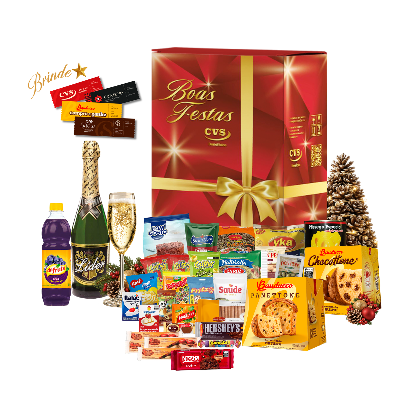 Escolha a Cesta de Natal Ágata! Uma opção premium com 35 unidades, incluindo espumante e panetones Bauducco para um Natal inesquecível.
