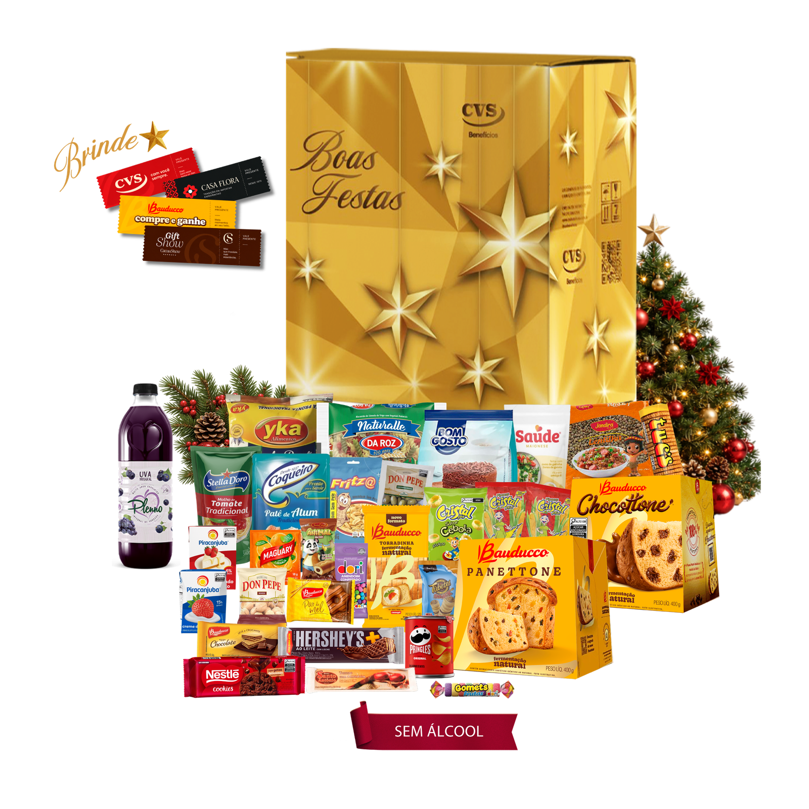 Cesta de Natal Turquesa sem álcool: qualidade e tradição para o seu fim de ano. Contém lentilha e panetones Bauducco de 400g.