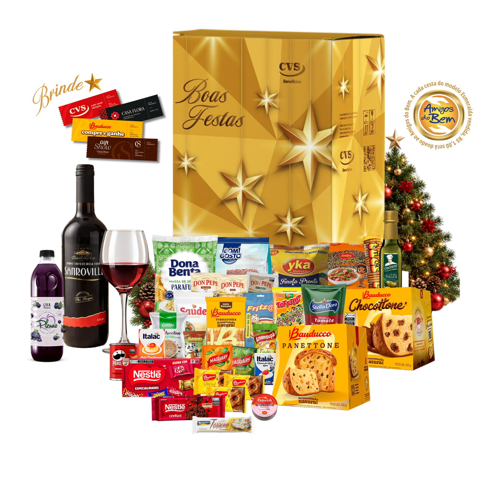 Sua ceia completa com a Cesta de Natal Esmeralda! São 37 itens, panetones, vinho tinto e suco de uva para celebrar com quem você ama.