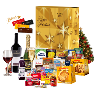 Cesta de Natal Topázio Cesta de Natal Topázio em caixa de papelão decorada, com suco de uva, panetone de frutas 400g, panetone com gotas de chocolate 400g e espumante branco.