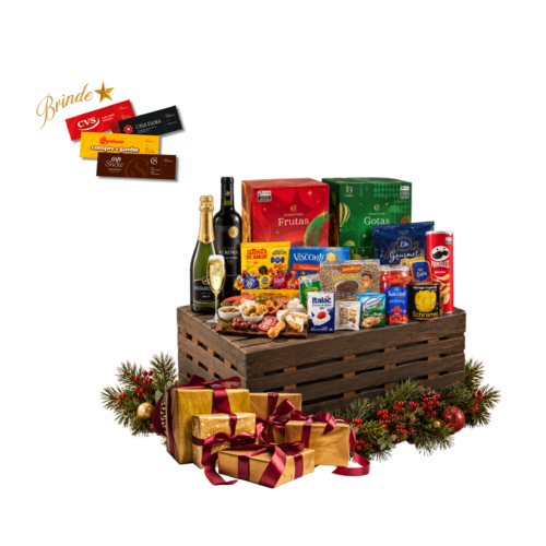 Cesta de Natal Alexandrita Cesta de Natal Alexandrita em caixa de papelão kraft, com salame fatiado, pasta rústica, lentilha, panetone com frutas e panetone com gotas de chocolate.