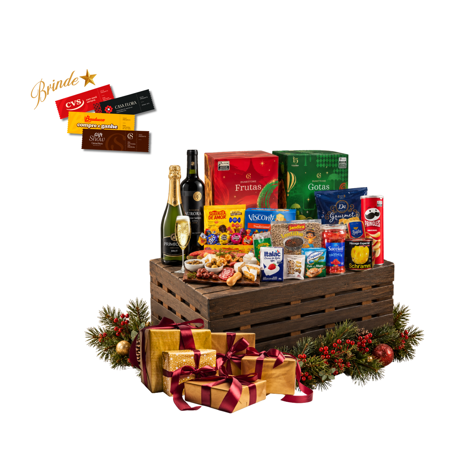 Cesta de Natal Alexandrita com salame, pasta rústica, lentilhas e panetones. A combinação perfeita para um Natal saboroso e sofisticado.