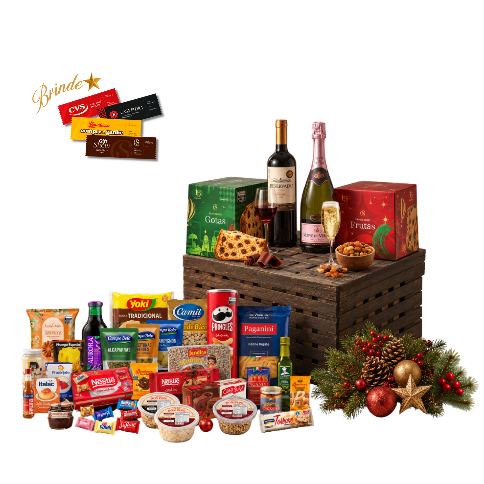 Puro luxo e sabor na Cesta de Natal Safira em vime! Inclui panetones Bauducco, azeitonas, vinho chileno e espumante francês.