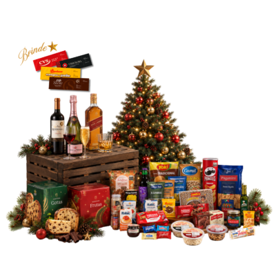 Cesta de Natal Pérola Cesta de Natal Pérola com dois panetones Bauducco, sendo um de frutas e um com gotas de chocolate, suco de frutas e outros produtos natalinos.