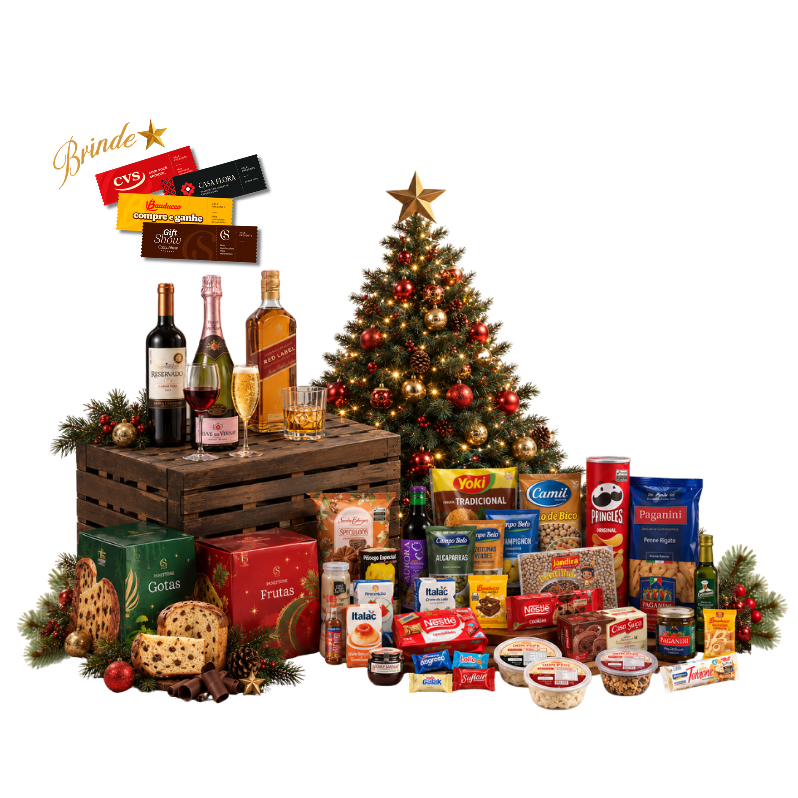 Cesta de Natal Pérola: a opção clássica e deliciosa para presentear. Vem com 2 panetones Bauducco e suco de frutas.